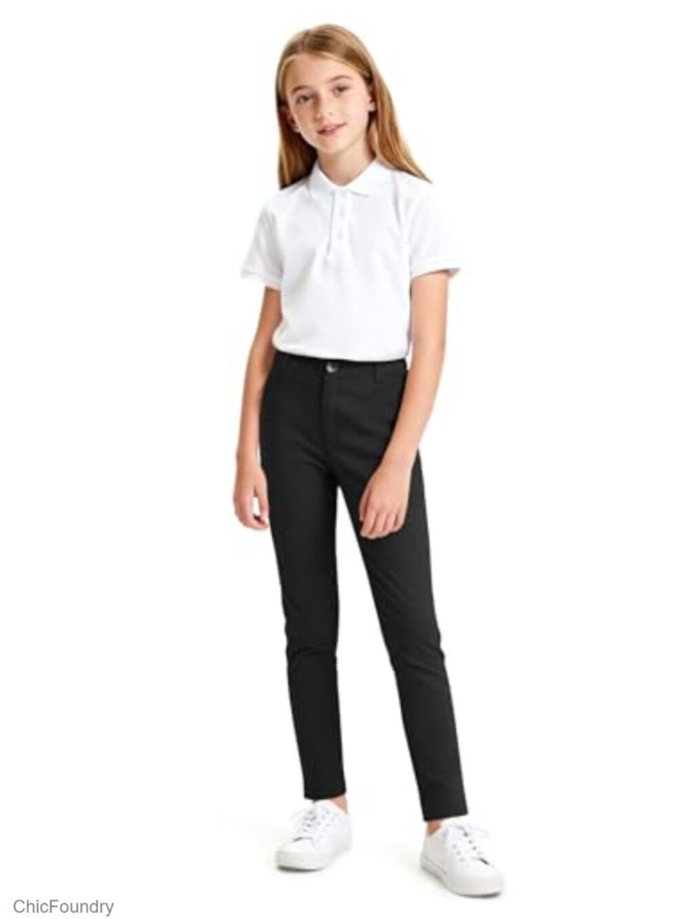 Girls School Uniform Slim Fit Pants with Pockets, 97% Cotton 3% Spandex